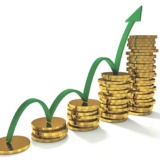 Profit kurve illustreret ved en grøn opadgående pil og mønter fra artiklen Profit er bedre end løn